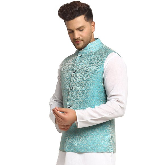 Sleeveless Traditional Brocade Silk Turquoise Blue Nehru Jacket by Treemoda - Picture 2 of 5